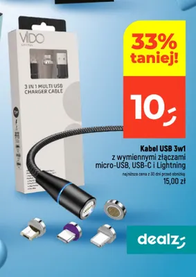 Kabel USB 3w1 z wymiennymi złączami Vido promocja w Dealz