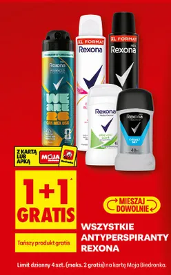 Wszystkie antyperspiranty Rexona 1+1 GRATIS promocja w Biedronka