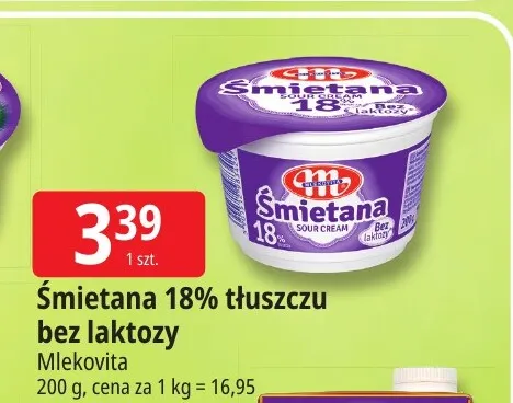 Śmietana bez laktozy Mlekovita 18% promocja w Leclerc