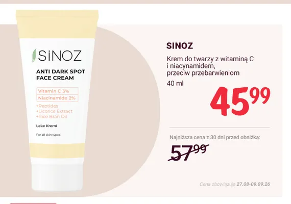 Krem do twarzy z witaminą C i niacynamidem przeciw przebarwieniom Sinoz promocja w Rossmann