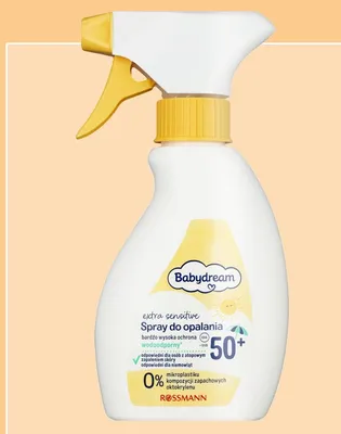 Spray do opalania Babydream extra sensitive SPF 50+ wodoodporny promocja w Rossmann
