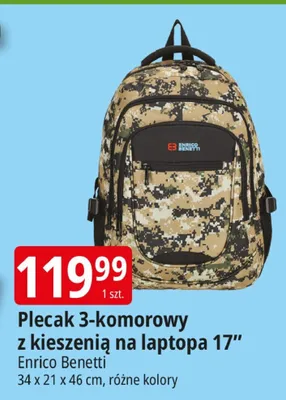 Plecak 3-komorowy z kieszenią na laptopa 17" Enrico Benetti 34x21x46cm promocja w Leclerc