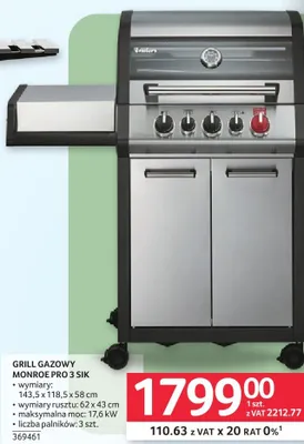 Grill gazowy Monroe Pro 3 SIK 143,5x118,5x58cm, wymiary rusztu: 62x43cm, moc: 17,6kW, 3 palniki, 369461 promocja w Selgros