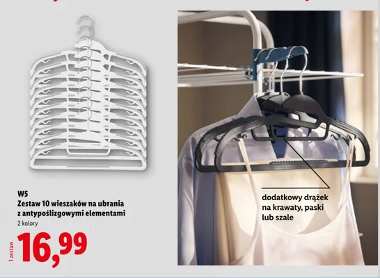 Wieszaki na ubrania z antypoślizgowymi elementami i dodatkowym drążkiem W5 10-pak promocja w Lidl