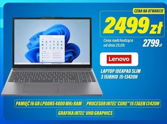 Laptop Lenovo IDEAPAD SLIM 3 15IRH10 I5-13420H Pamięć 16 GB LPDDR5 4800MHz RAM Procesor Intel Core i5 13gen 13420H Grafika Intel UHD Graphics promocja w RTV EURO AGD
