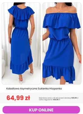 Sukienka damska kobaltowa asymetryczna hiszpanka ModnaKiecka.pl promocja w Modna Kiecka