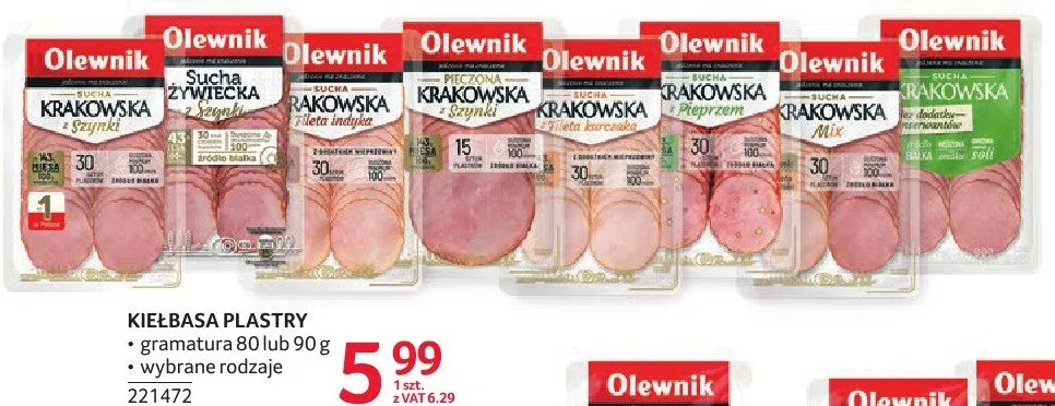 Kiełbasa plastry gramatura 80 lub 90 g wybrane rodzaje promocja w Selgros