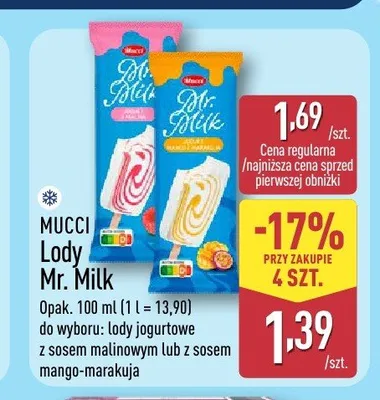 Lody Mr. Milk jogurtowe z sosem mango-marakuja Mucci promocja w Aldi