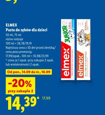 Pasta do zębów dla dzieci Elmex Junior 6-12 lat promocja w Lidl