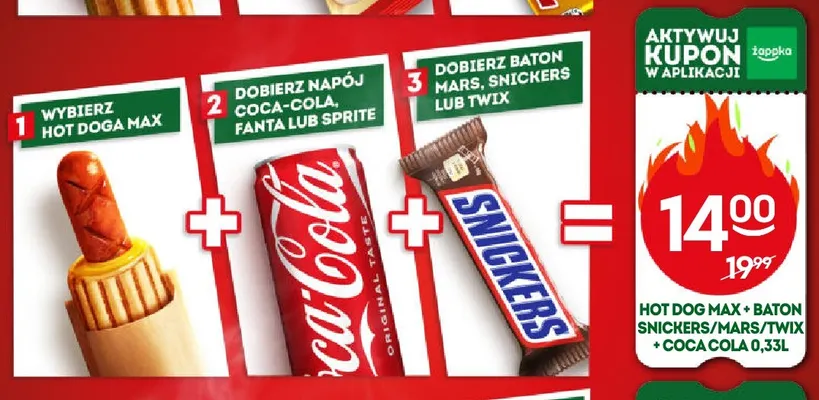 Zestaw Hot Dog Max + baton Snickers, Mars lub Twix + Coca-Cola 0,33 l promocja w Żabka