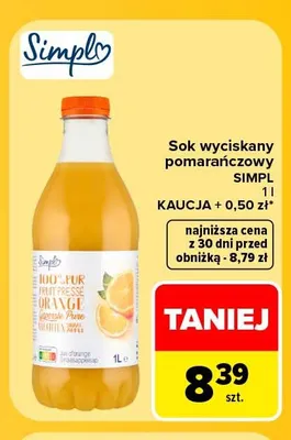 Sok wyciskany pomarańczowy Simpl promocja w Carrefour