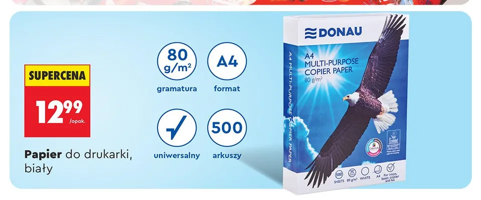 Papier do drukarki biały Donau A4 80 g/m² promocja w Biedronka