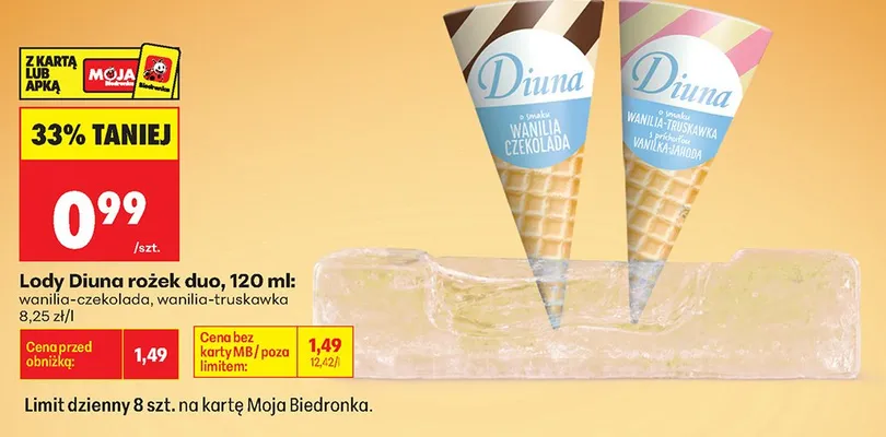 Lody rożek duo Diuna wanilia-truskawka promocja w Biedronka