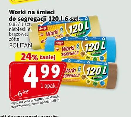 Worki na śmieci do segregacji 120 l 6 szt. żółte Amigo promocja w Prim Market