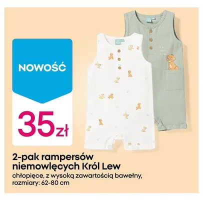 Rampersy niemowlęce Król Lew chłopięce z wysoką zawartością bawełny 2-pak promocja w Pepco