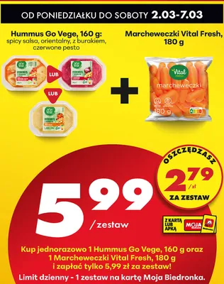 Zestaw: hummus Go Vege, różne rodzaje + marcheweczki Vital Fresh promocja w Biedronka