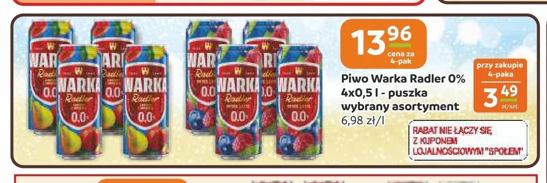 Piwo bezalkoholowe Warka Radler 4-pak promocja w Społem Częstochowa