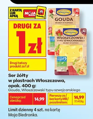 Ser żółty Gouda w plastrach Włoszczowa promocja w Biedronka