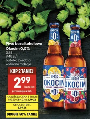 Piwo bezalkoholowe Okocim 0,0% mango z marakują promocja w Delikatesy Centrum