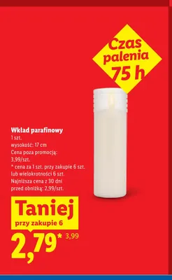 Wkład parafinowy czas palenia 75h 17 cm promocja w Lidl