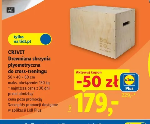 Drewniana skrzynia plyometryczna do cross-treningu Crivit 50x40x60 cm promocja w Lidl