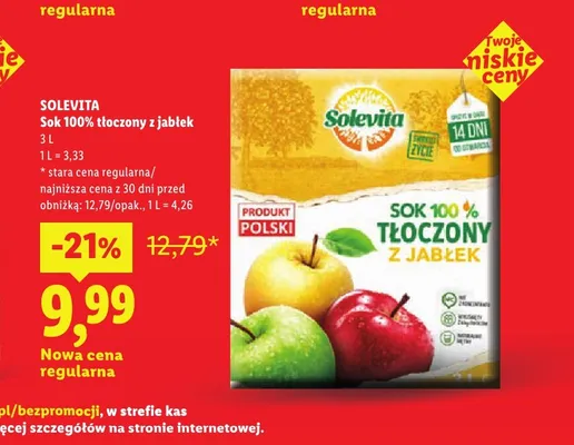 Sok tłoczony z jabłek Solevita 100% promocja w Lidl