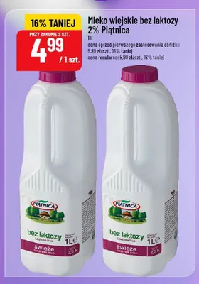 Mleko wiejskie bez laktozy 2% Piątnica promocja w POLOmarket