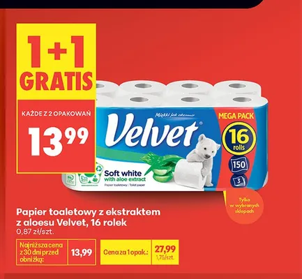 Papier toaletowy z ekstraktem z aloesu Velvet 16-pak promocja w Biedronka