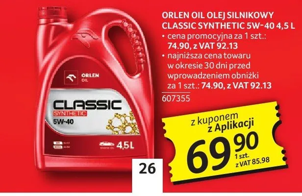 Olej silnikowy ORLEN OIL Classic Synthetic 5W-40 4,5l promocja w Selgros