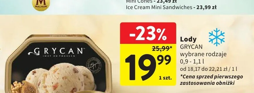 Lody GRYCAN bakaliowe promocja w Intermarche