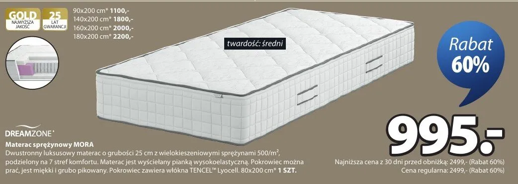 Materac sprężynowy DREAMZONE MORA 80x200cm promocja w Jysk