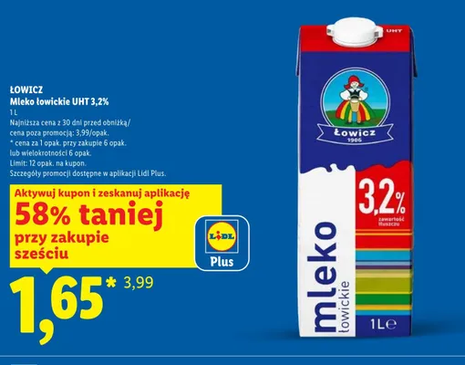 Mleko łowickie UHT 3,2% Łowicz promocja w Lidl