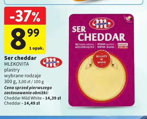 Ser cheddar Mild White w plastrach Mlekovita promocja w Intermarche