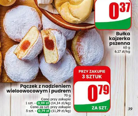 Pączek z nadzieniem wieloowocowym i pudrem promocja w Dino