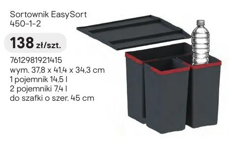 Sortownik EasySort 450-1-2 wym. 37,8x41,4x34,3cm 1 pojemnik 14,5l 2 pojemniki 7,4l do szafki o szer. 45cm promocja w Castorama