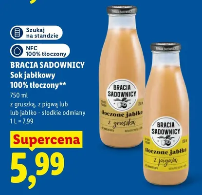 Sok jabłkowy tłoczony z gruszką Bracia Sadownicy 100% promocja w Lidl