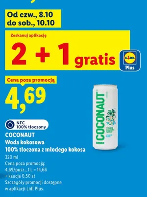 Woda kokosowa tłoczona z młodego kokosa Coconaut 100% promocja w Lidl