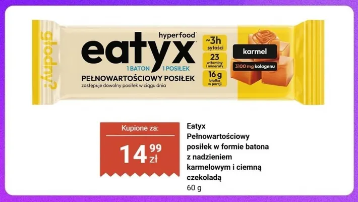Pełnowartościowy posiłek w formie batona z nadzieniem karmelowym i ciemną czekoladą Eatyx promocja w Biedronka