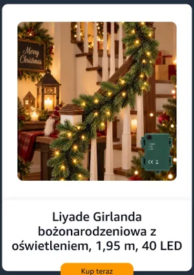 Girlanda bożonarodzeniowa z oświetleniem 1,95 m 40 LED Liyade promocja w Amazon