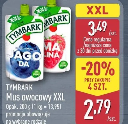 Mus owocowy Tymbark XXL Jabłko Banan Jagoda bez dodatku cukru promocja w Aldi