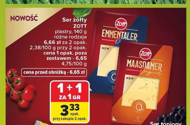 Ser żółty Zott Maasdamer plastry promocja w Carrefour Market