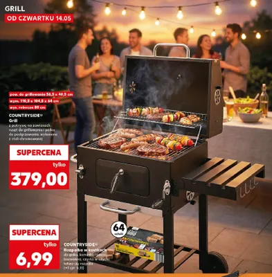 Grill z pokrywą na zawiasach COUNTRYSIDE pow. do grillowania 56,5x40,5cm wym. 110,5x104,5x64cm wys. robocza 80cm promocja w Kaufland