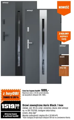 Drzwi zewnętrzne Aeris Black / Inox stalowe szer. 90cm w kpl.: ościeżnica, okucia promocja w OBI