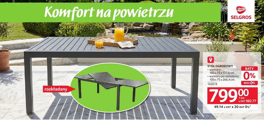 Stół ogrodowy rozkładany wymiary 100x75x266,4 cm promocja w Selgros