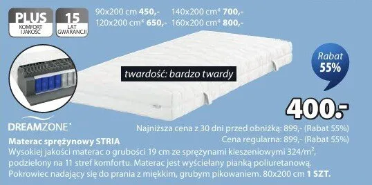 Materac sprężynowy Stria wysokiej jakości o grubości 19cm ze sprężynami kieszeniowymi, pokrowiec nadający się do prania z miękkim, grubym pikowaniem 80x200cm promocja w Jysk