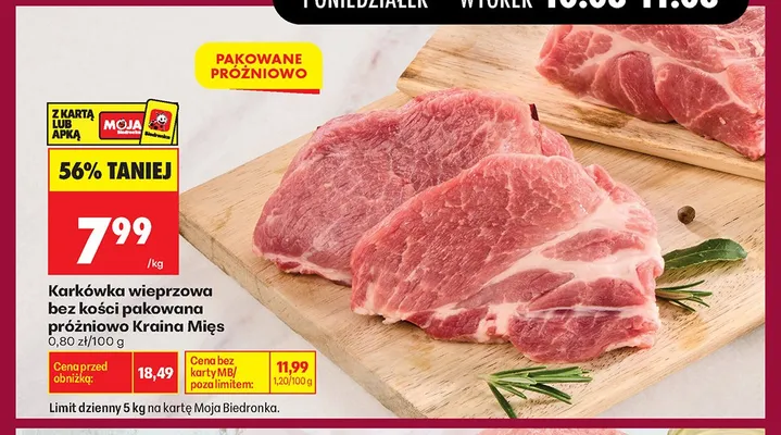 Karkówka wieprzowa bez kości pakowana próżniowo Kraina Mięs promocja w Biedronka