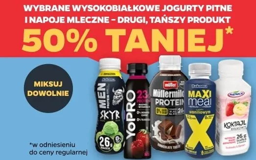 Jogurt pitny wysokobiałkowy/napój mleczny - drugi tańszy produkt promocja w Netto