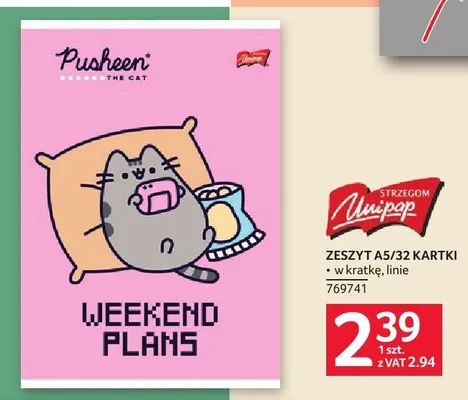 Zeszyt A5 32 kartki Unipop Pusheen w linie promocja w Selgros