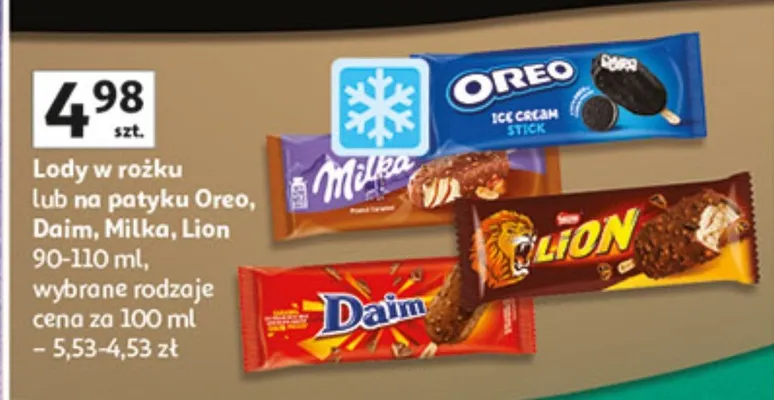 Lody w rożku lub na patyku Oreo, Daim, Milka, Lion promocja w Auchan