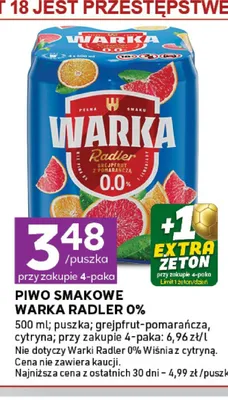 Piwo bezalkoholowe Warka Radler grejpfrut-pomarańcza promocja w Stokrotka